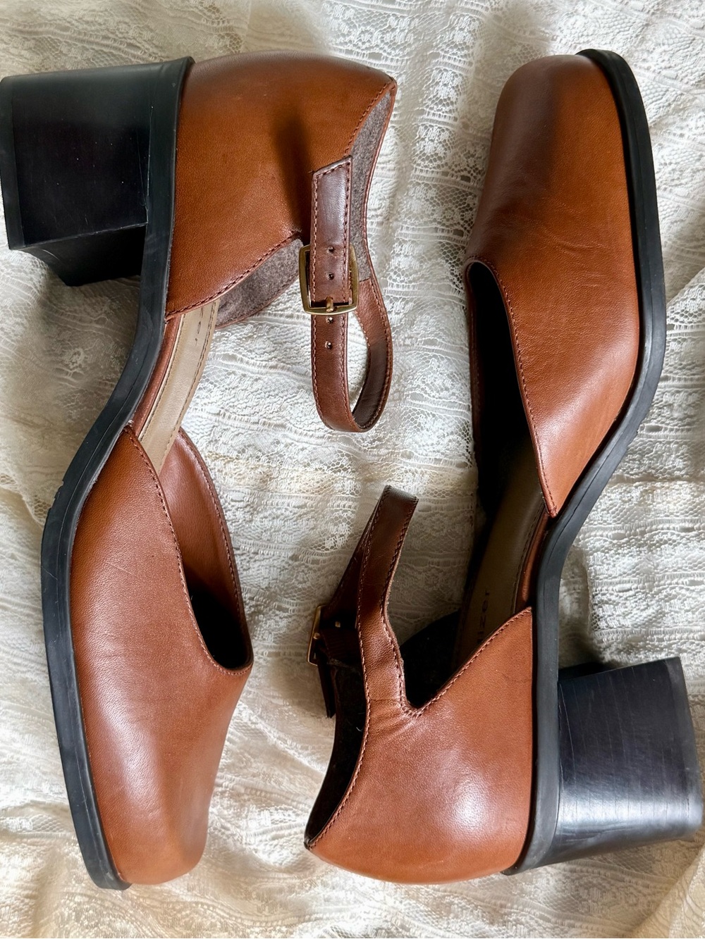 Y2K Naturalizer Cognac Brown Leather Mary Janes Chunk Heel 7W Comfy Retro Square